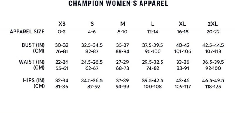 champion women apparel sizes